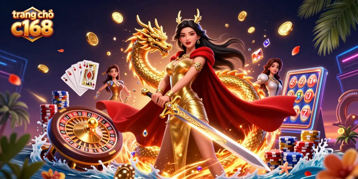 Experience winning at trang chủ c168 with a dazzling queen, golden dragon, and vibrant casino elements.