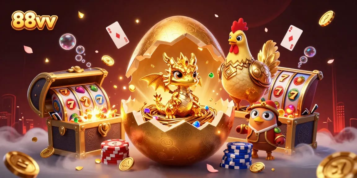Play slots and win at 88vv with a captivating golden dragon and poker chip nest in a vibrant casino scene.