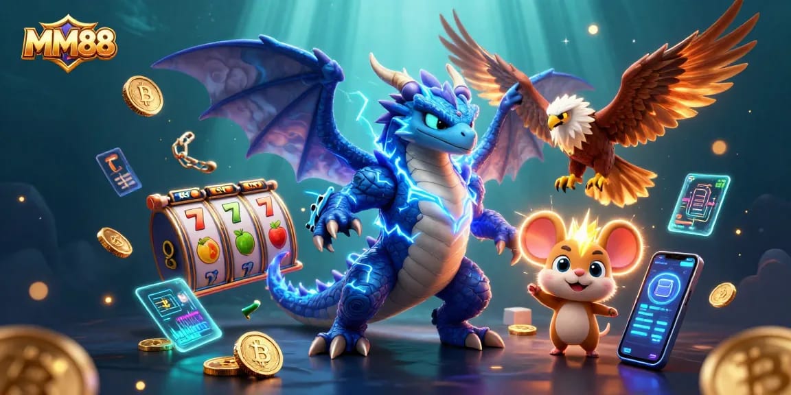 Win big with MM88 in a vibrant casino scene featuring colorful slot elements and dynamic characters.