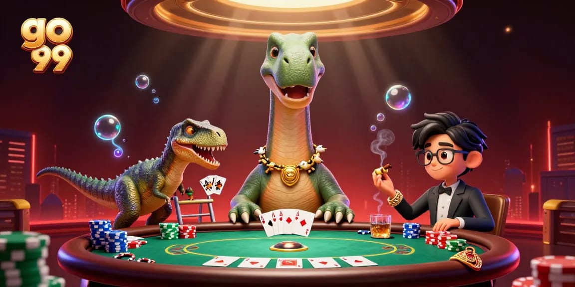 Master poker strategies with go 99 in this dynamic gambling showdown scene featuring a brontosaurus and raptor.