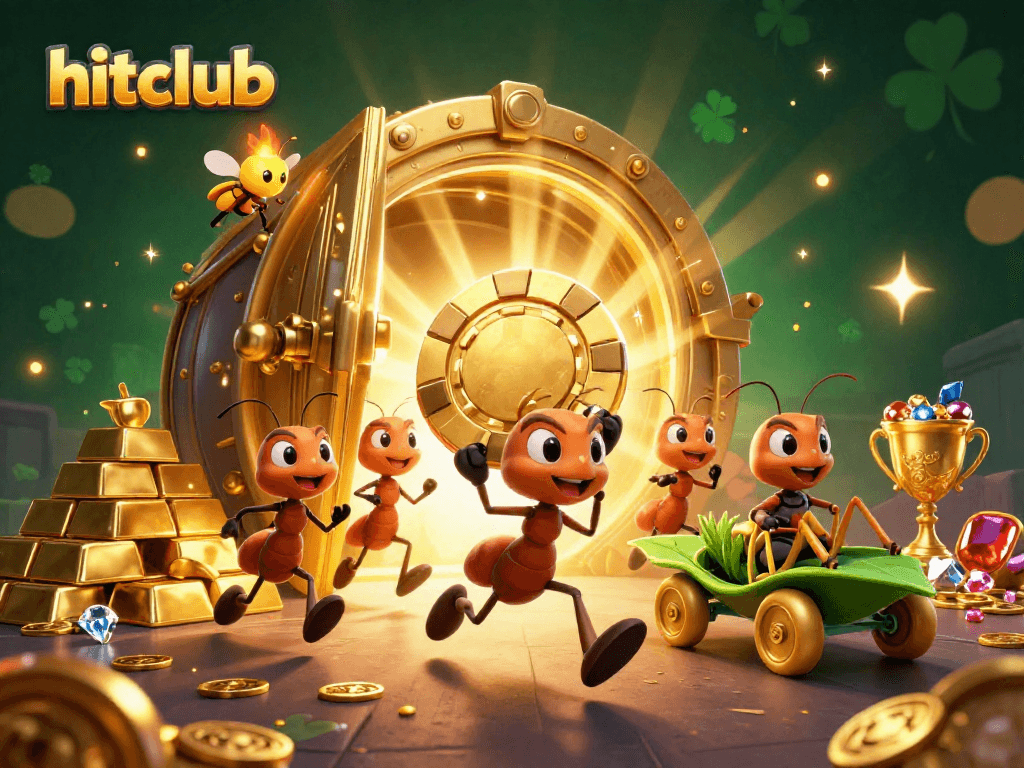 Join hitclub's thrilling heist as cartoon ants transport a giant poker chip amidst treasures.