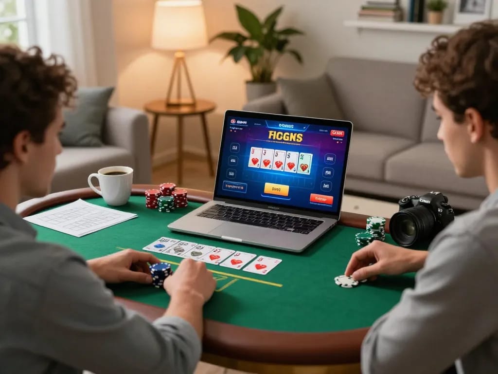 Enjoying an exciting poker game online at home with yo88, showcasing a lively gaming environment and strategy notes.