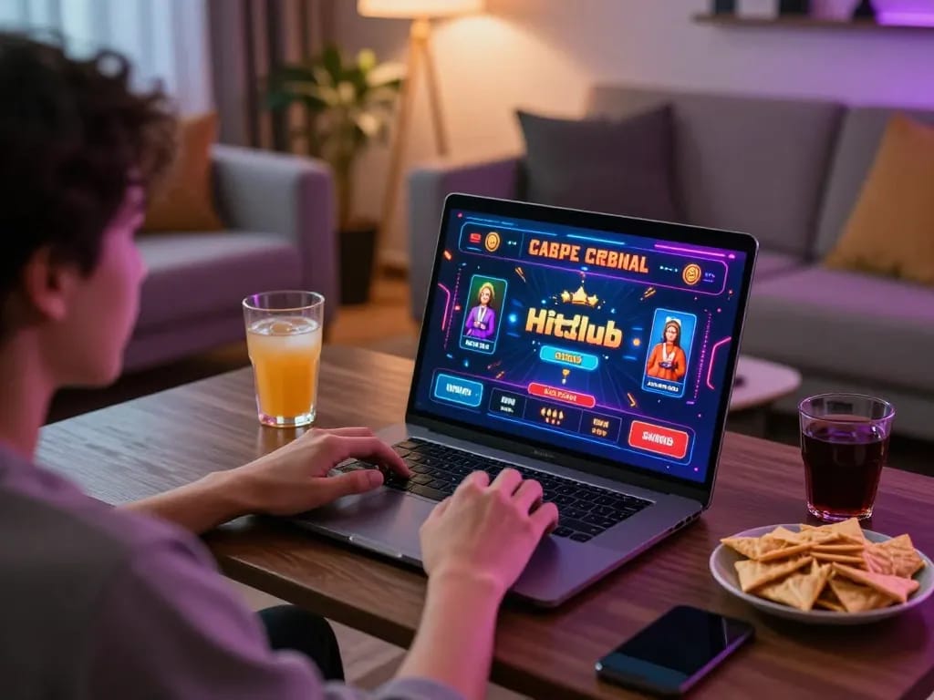 Engaging in online casino gameplay on Hitclub, showcasing vibrant screen and cozy home atmosphere.