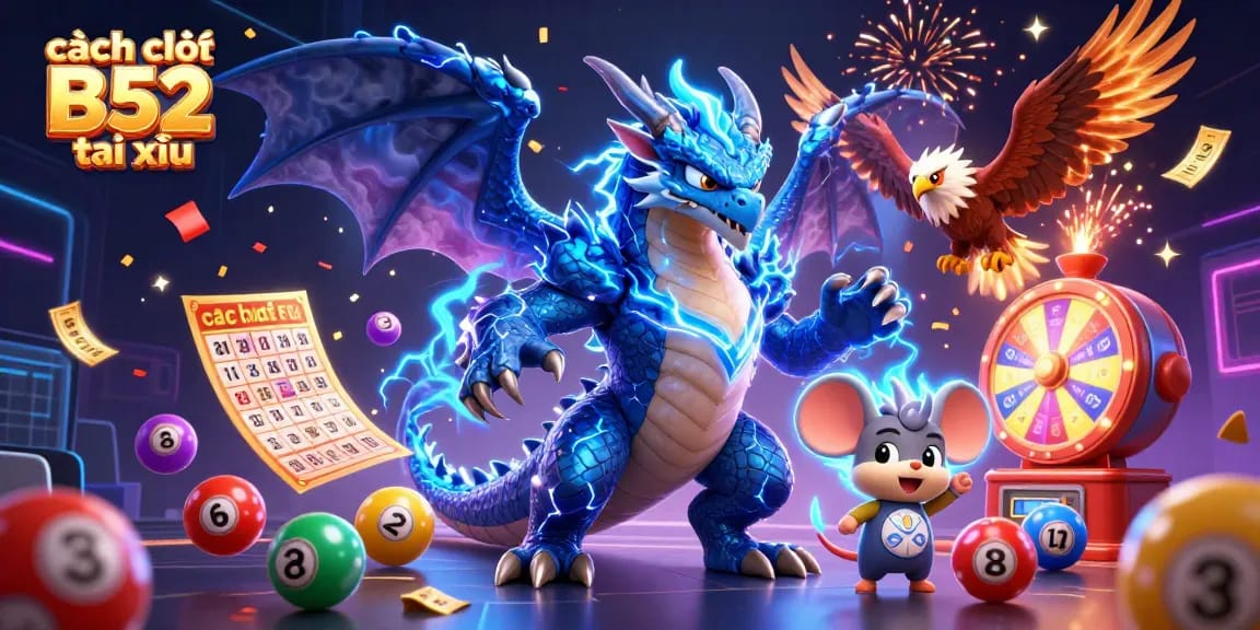 Cách chơi B52 tài xỉu illustrated with a thunder dragon and vibrant game elements capturing excitement.