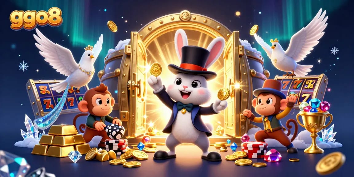 Experience the thrill of ggo8 gaming with a magician rabbit, coin treasures, and engaging casino elements.