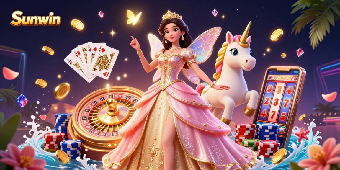 Sunwin casino theme showcasing a glamorous woman, golden unicorn, and vibrant game elements.