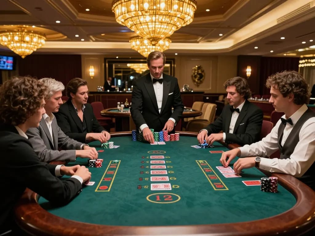 Experience thrilling gameplay at 79KING with focused blackjack players and professional dealer in an upscale casino.