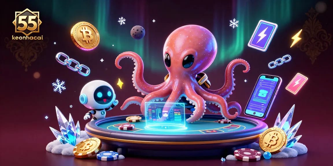 Engage in thrilling poker with keonhacai 55, illuminated by crypto elements and dynamic gameplay.