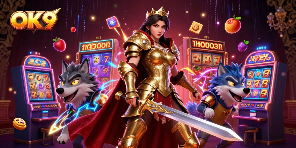 Spin the reels at OK9 with an armored warrior queen and her glowing wolf companion.