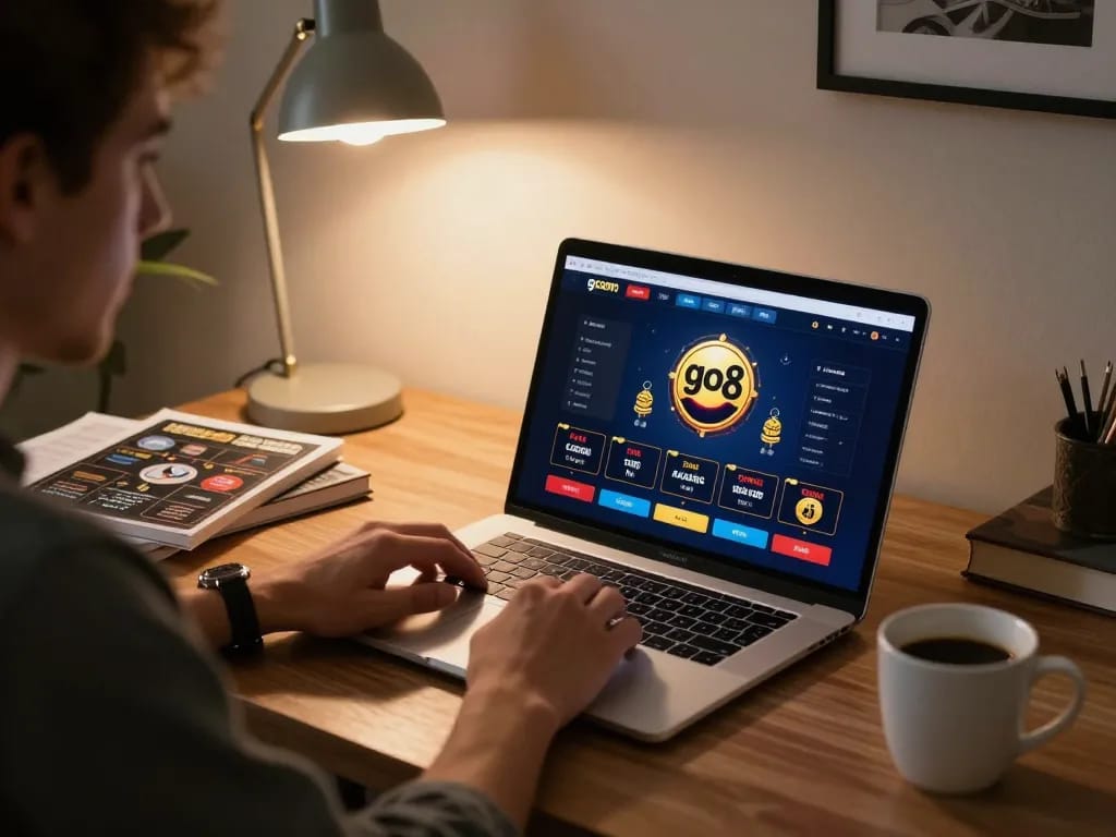 Engaging online casino gaming on go8 com from a stylish home office with cozy lighting.