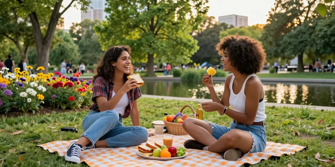 Two friends sharing a picnic in a park, embodying the concept of crush on friendship and moments.