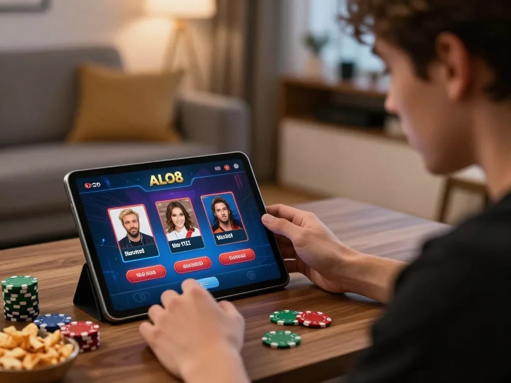 Player enjoying a mobile casino game on the ALO8 app, showcasing engaging online gambling experience in a cozy setting.