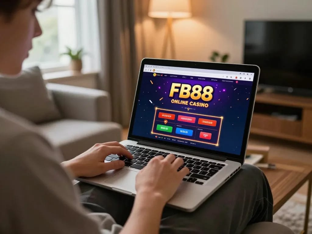 Engaged player using FB88 online casino platform on laptop in a cozy home setting.