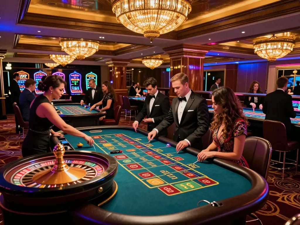 Engaged players at the fun88 roulette table enjoying the vibrant casino atmosphere.