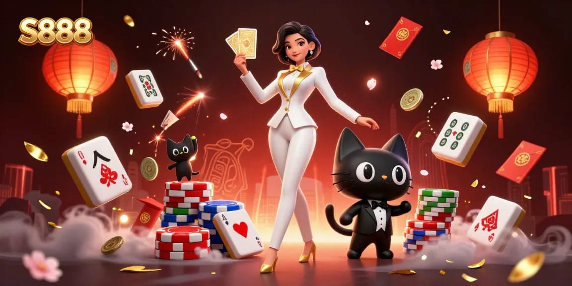 S888 elevates gameplay with a glamorous casino scene featuring a stylish woman shuffling cards.