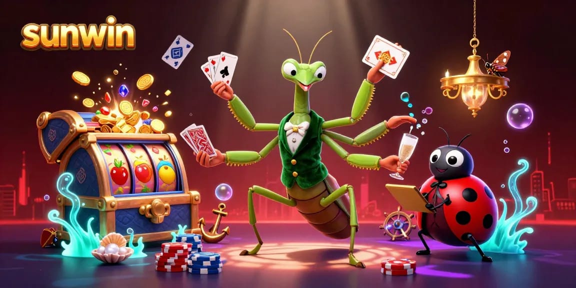 Experience thrill and wins at Sunwin with a vibrant 3D casino scene of cartoon characters and slot reels.