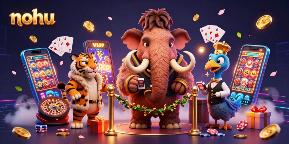 Nohu game bouncer checking IDs with VIP guests at a vibrant casino with slot games and golden coins