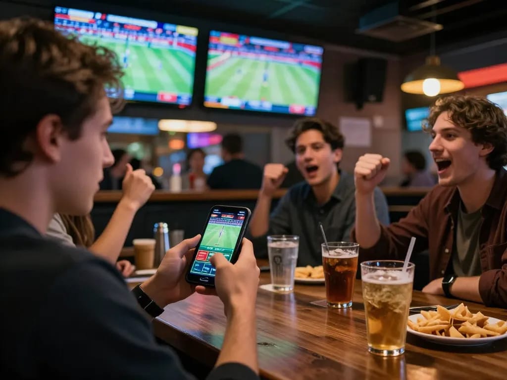 tv88 player placing bets during a thrilling sports event at a lively bar.