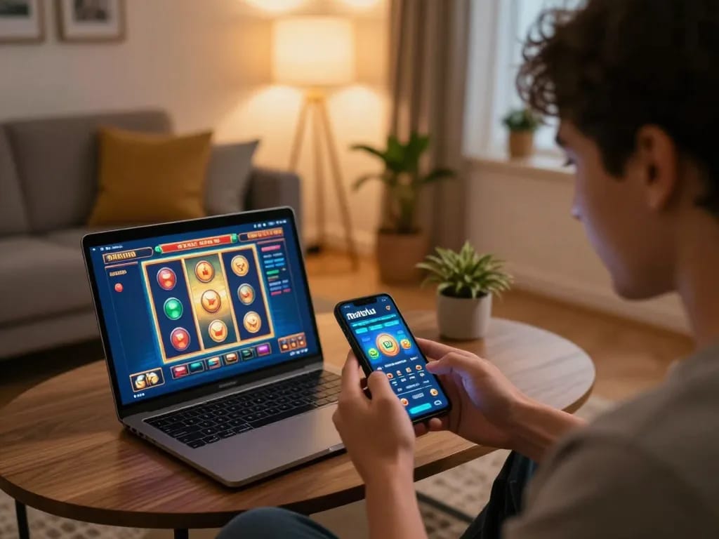 Nohu online gaming app displayed on smartphone with an engaged player in a cozy setup.