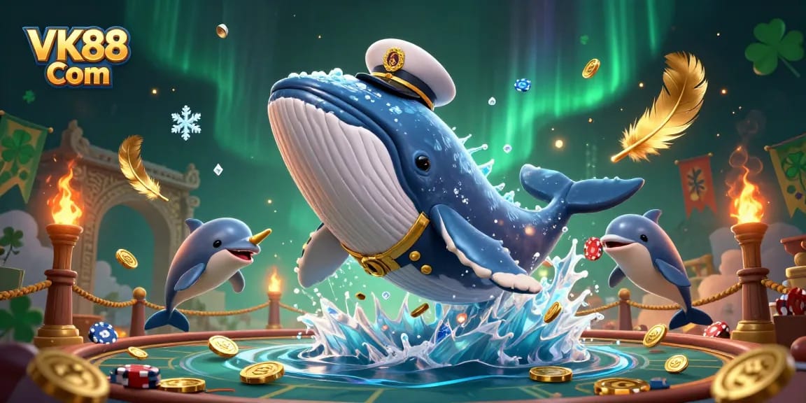 Win big with VK88 Com in a vibrant 3D casino-themed illustration featuring a whale and dolphins.