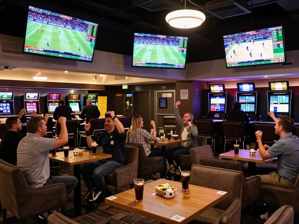 Una scena dinamica di un sportsbook che mostra l'emozione delle scommesse al migliore bookmaker non AAMS con clienti che si divertono con giochi dal vivo e piazzano scommesse