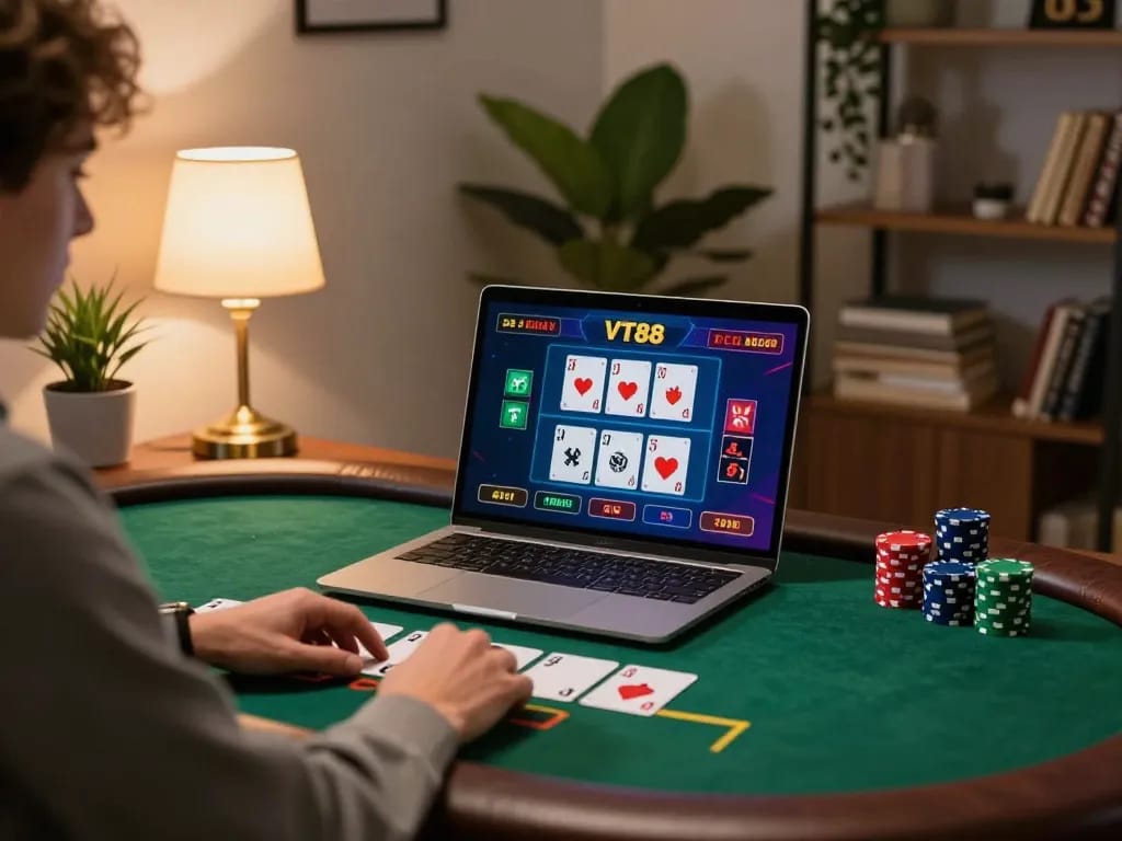 Engaging online blackjack gameplay on VT88 with stylish desk setting and live dealer.