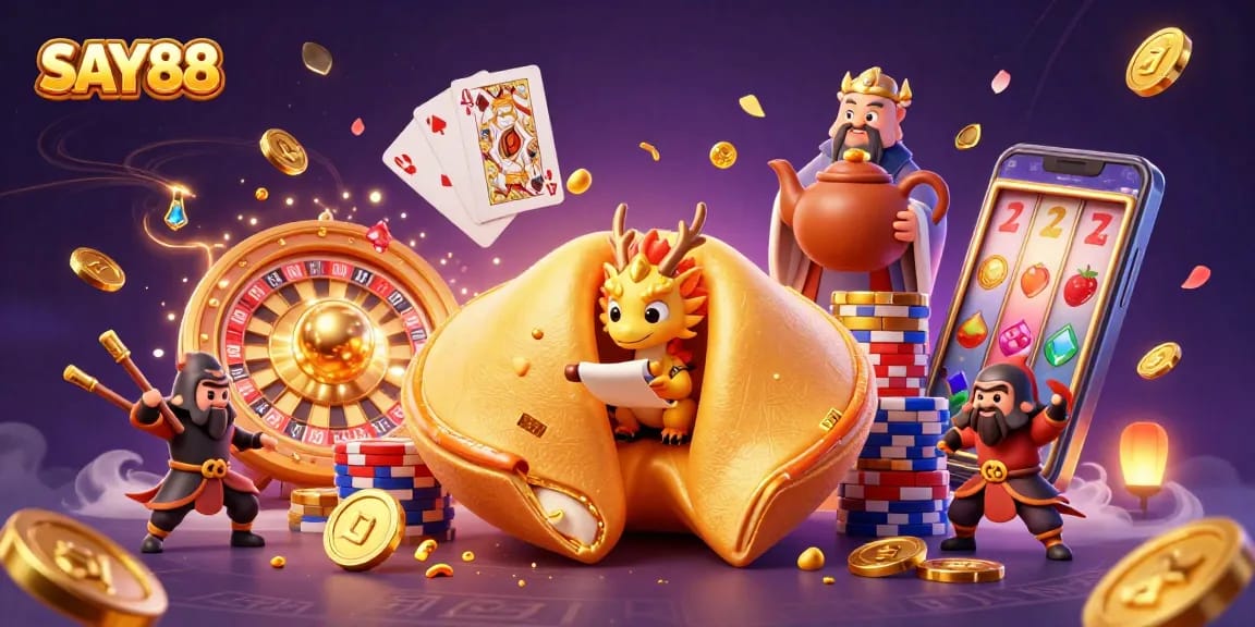 SAY88 spins to fortune with a golden cookie and dragon guarding a gaming treasure trove.