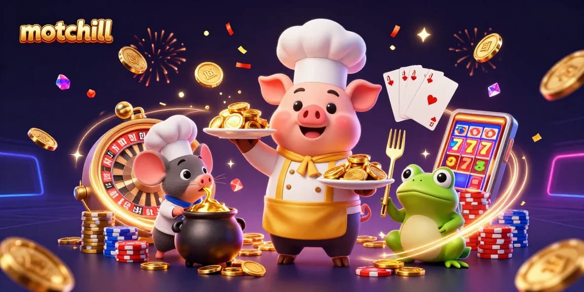 Engage with motchill's vibrant casino scene featuring gold coins, roulette, and festive characters.