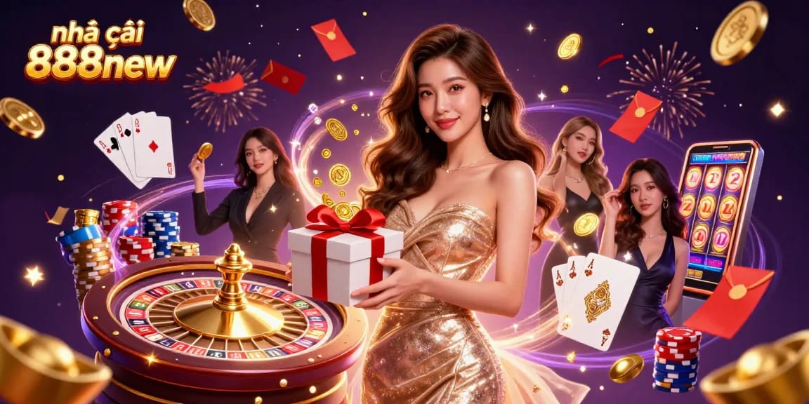 Join the excitement at nhà cái 888new with a glamorous Asian woman presenting a gift of golden coins in a festive casino.