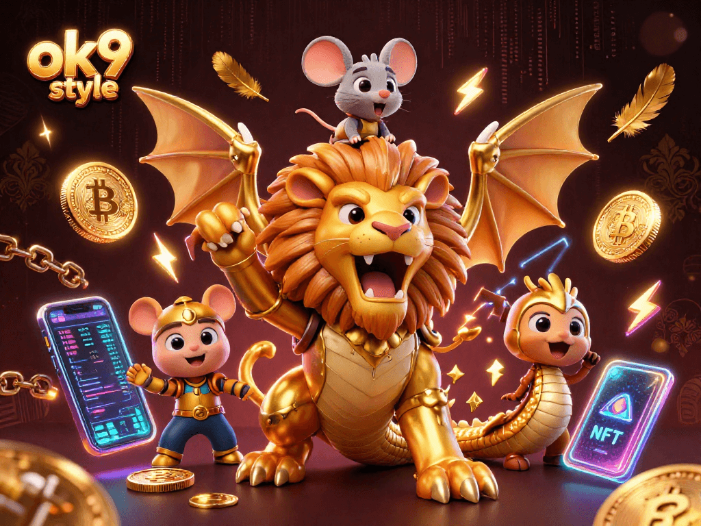 Engage with animated casino excitement featuring ok9 style creatures in gold and crypto elements.