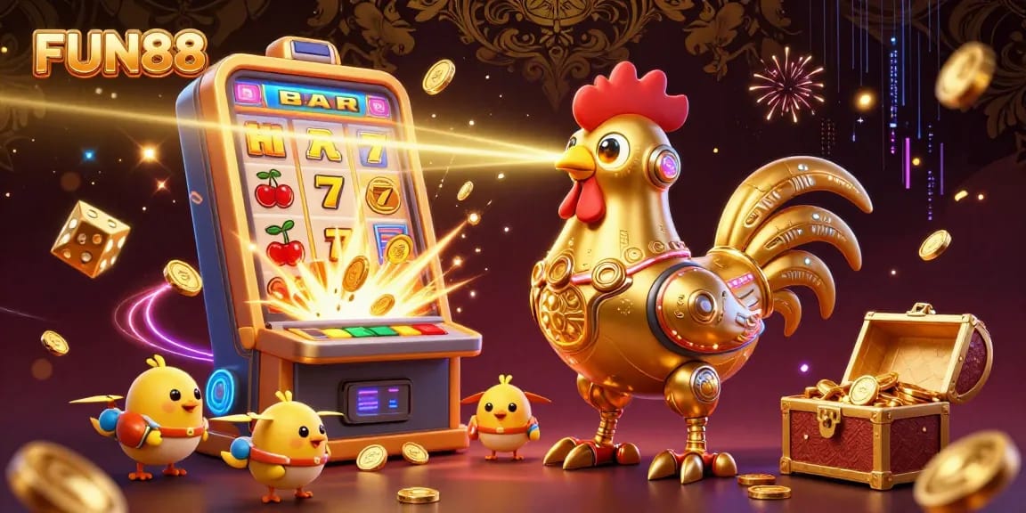 Engage with FUN88 in this vibrant 3D digital casino scene featuring the exciting jackpot experience.
