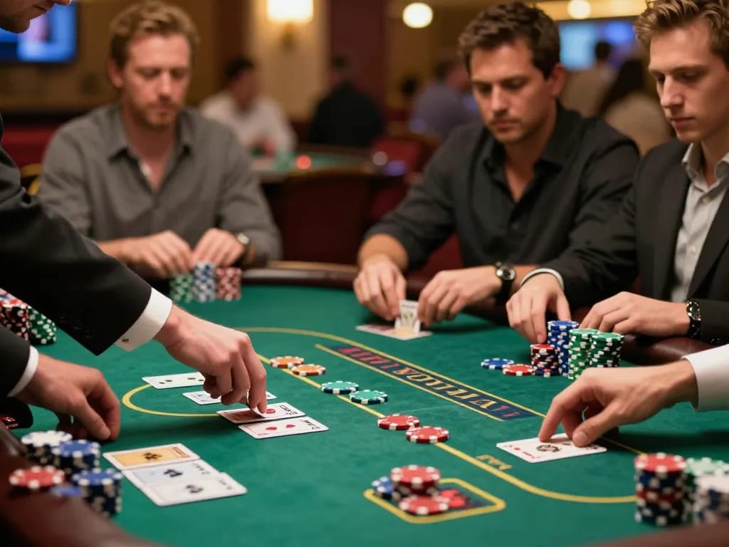 SC88 blackjack players strategizing bets at a vibrant casino table, highlighting excitement and skill.