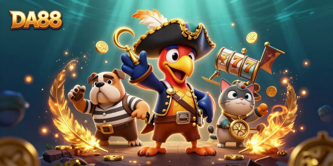 Engage in dynamic casino action with DA88, featuring a pirate captain, bulldog, and cat amidst vibrant gaming elements.