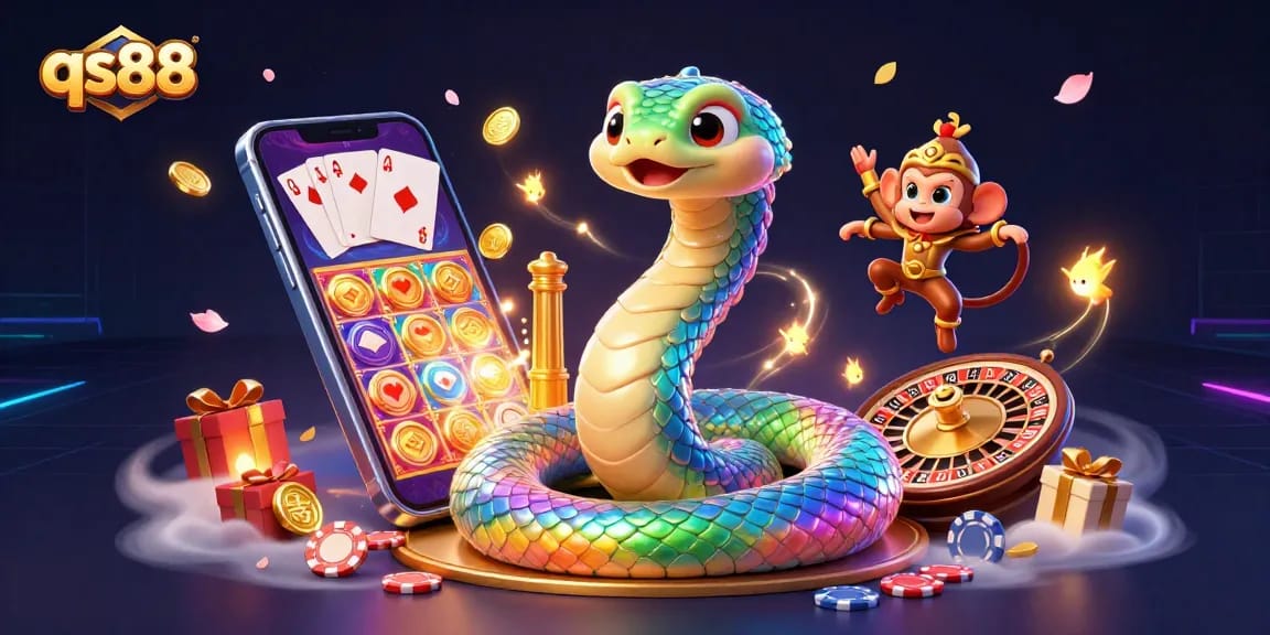 Engage with qs88's thrilling games and dynamic features in this vibrant casino illustration.