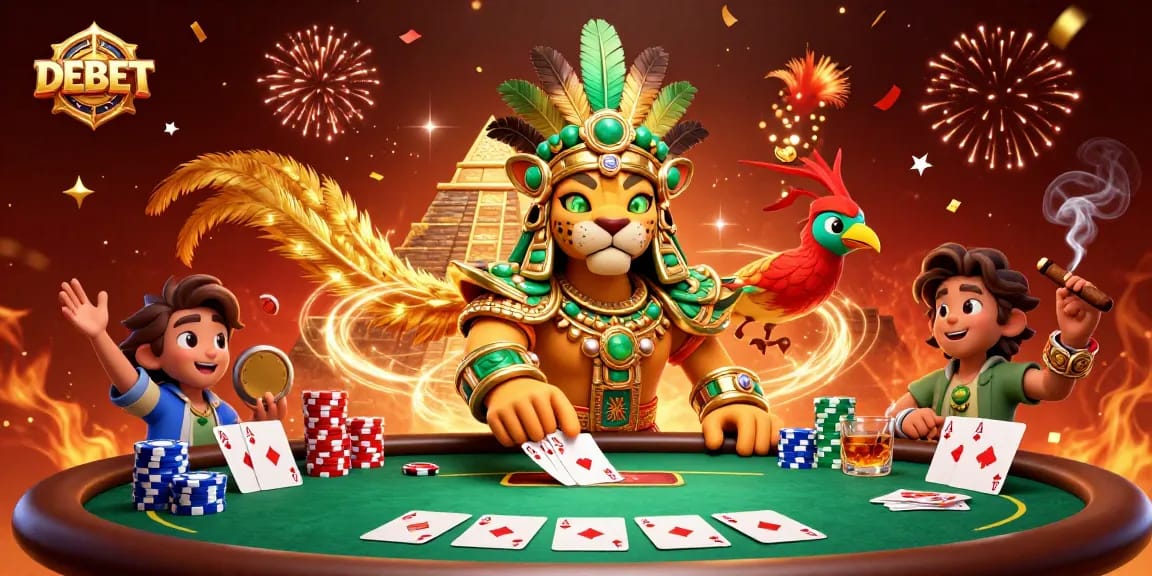 Engage in DEBET casino excitement with a stunning 3D illustration of vibrant gambling elements.