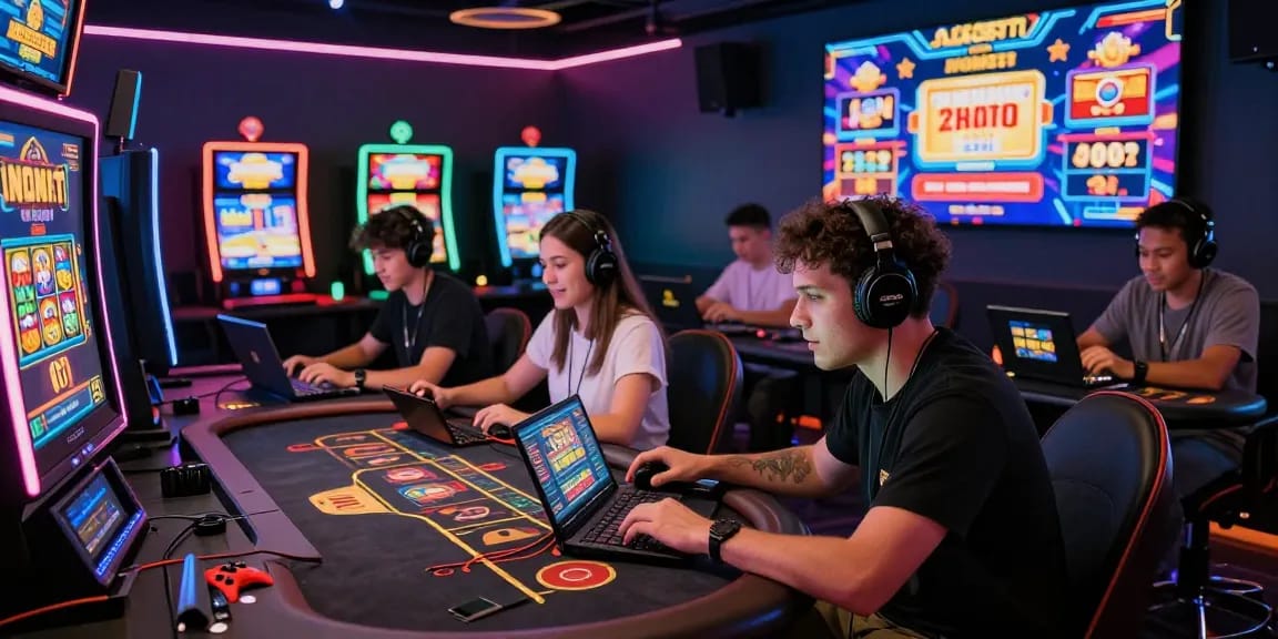 Exciting gaming scene featuring KK55 players engaged with vibrant casino games, showcasing immersive online interactions.