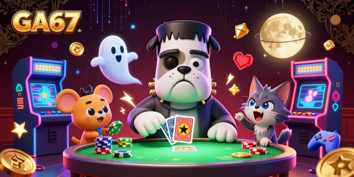 Experience intense action at GA67 with a 3D illustration of a bulldog dealer, gaming elements, and mystical creatures.