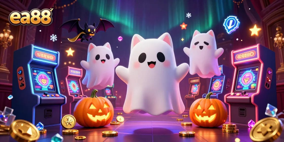 Experience the excitement of ea88 with a ghostly cat and vampire bat in a vibrant casino scene.