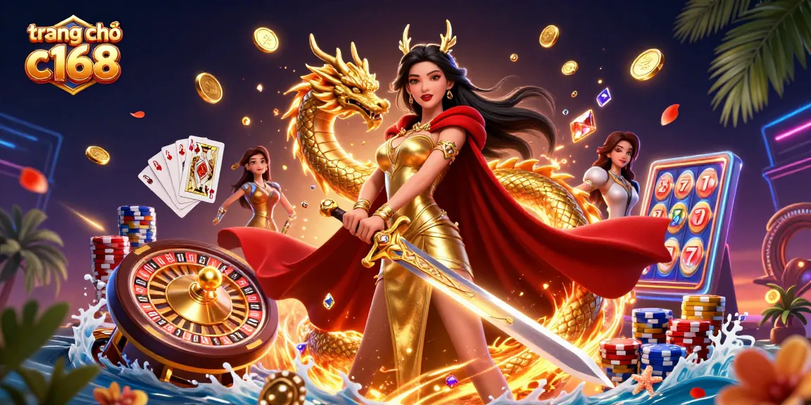 Experience winning at trang chủ c168 with a dazzling queen, golden dragon, and vibrant casino elements.