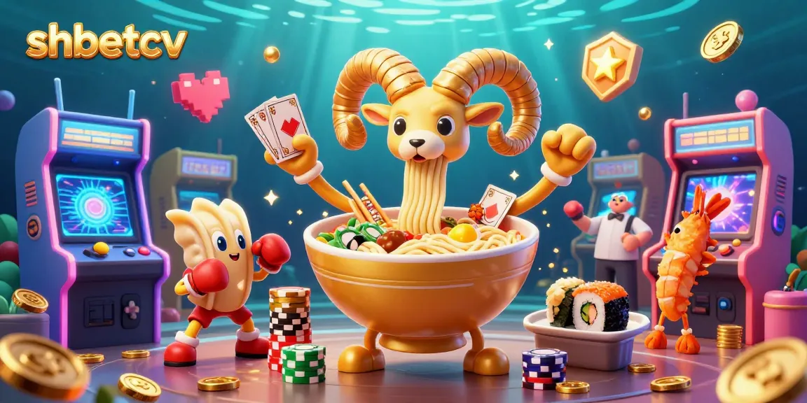 Experience excitement at shbetcv with a giant golden ramen bowl dealer amidst vibrant 3D gaming elements.
