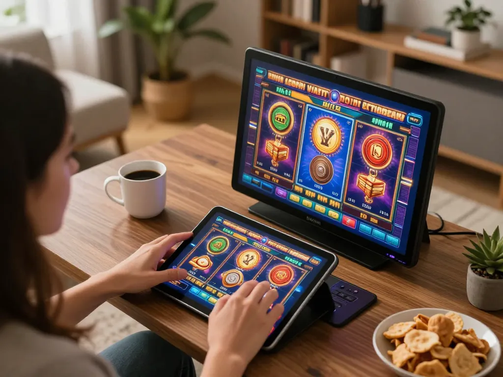 Engage in exciting kuwin online gaming with a cozy home setup, playing colorful slots on a tablet