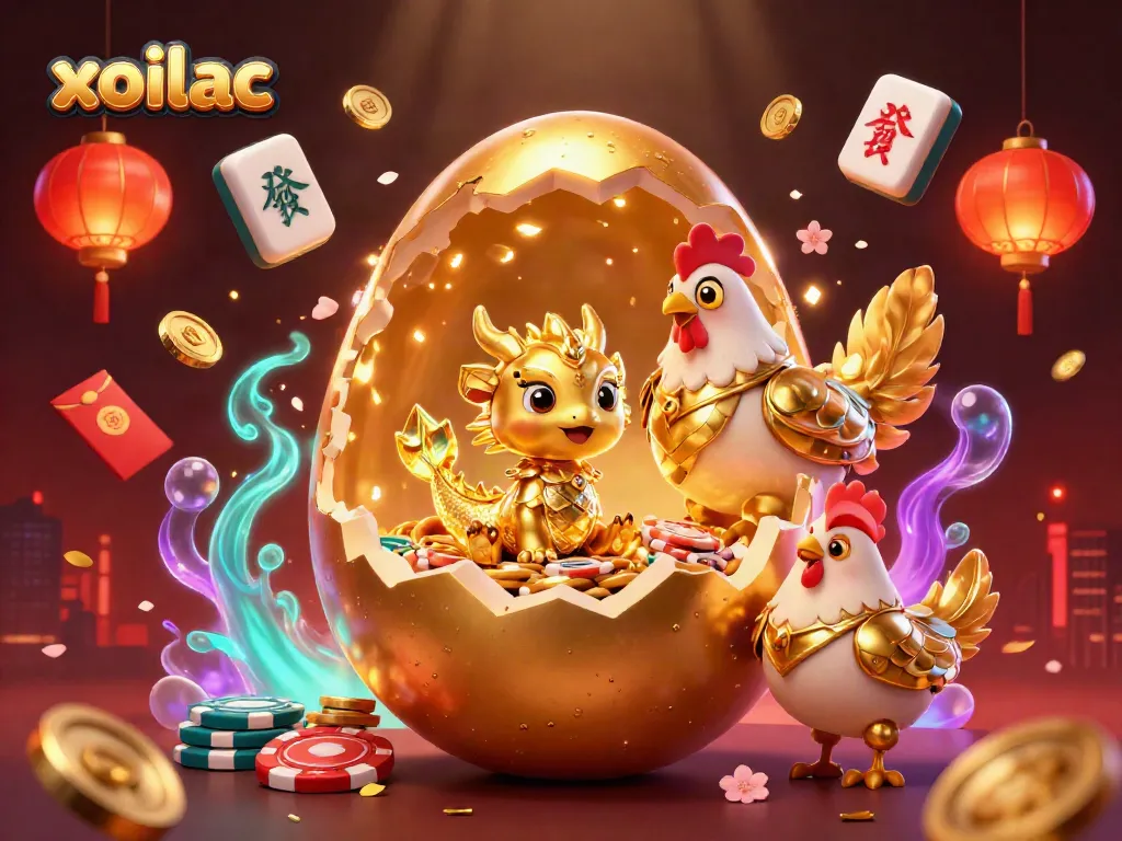 Join the excitement at xoilac with a golden dragon, poker chips, and festive gambling elements.