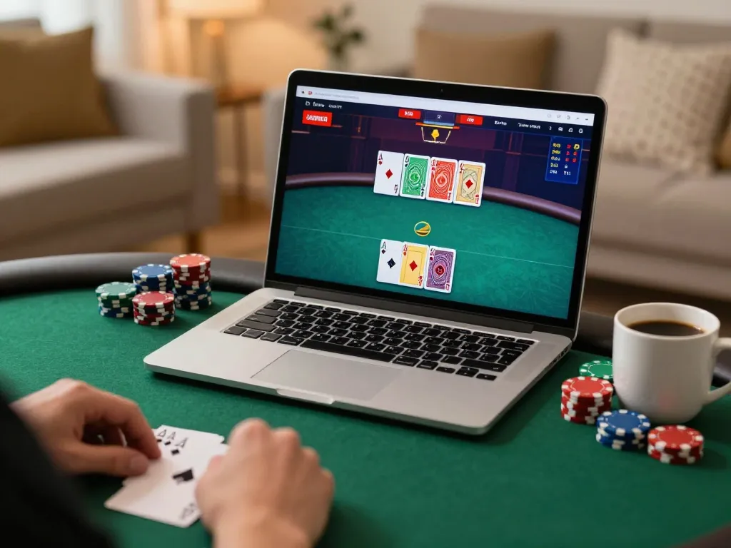 Link lu88 engaging online poker gameplay from home setup with cards and strategy notes
