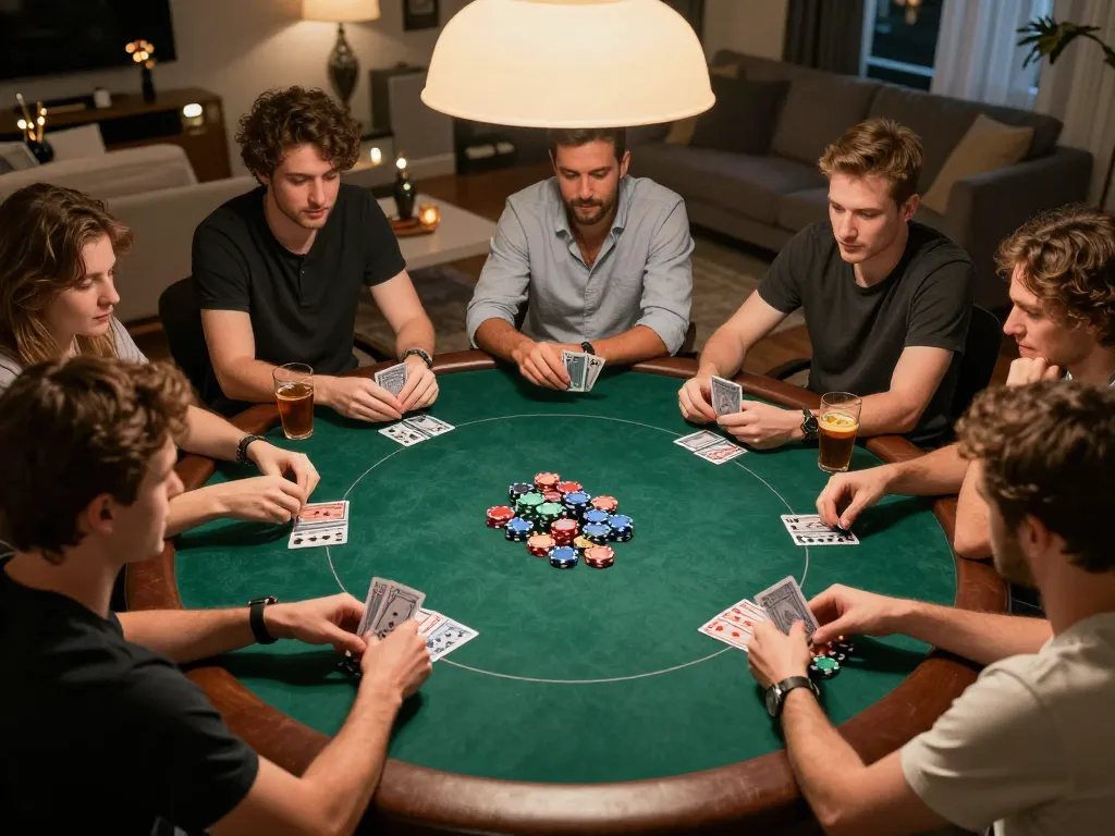 Friends enjoying a poker night at home, showcasing strategic gameplay and fun vibes with RR88