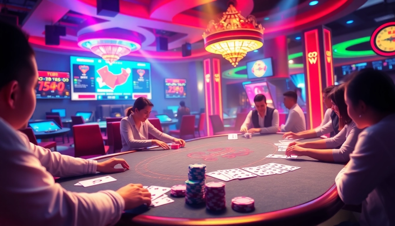 Vibrant scene showcasing players immersed in game bài đổi thưởng, highlighting excitement and 3D gaming interfaces.