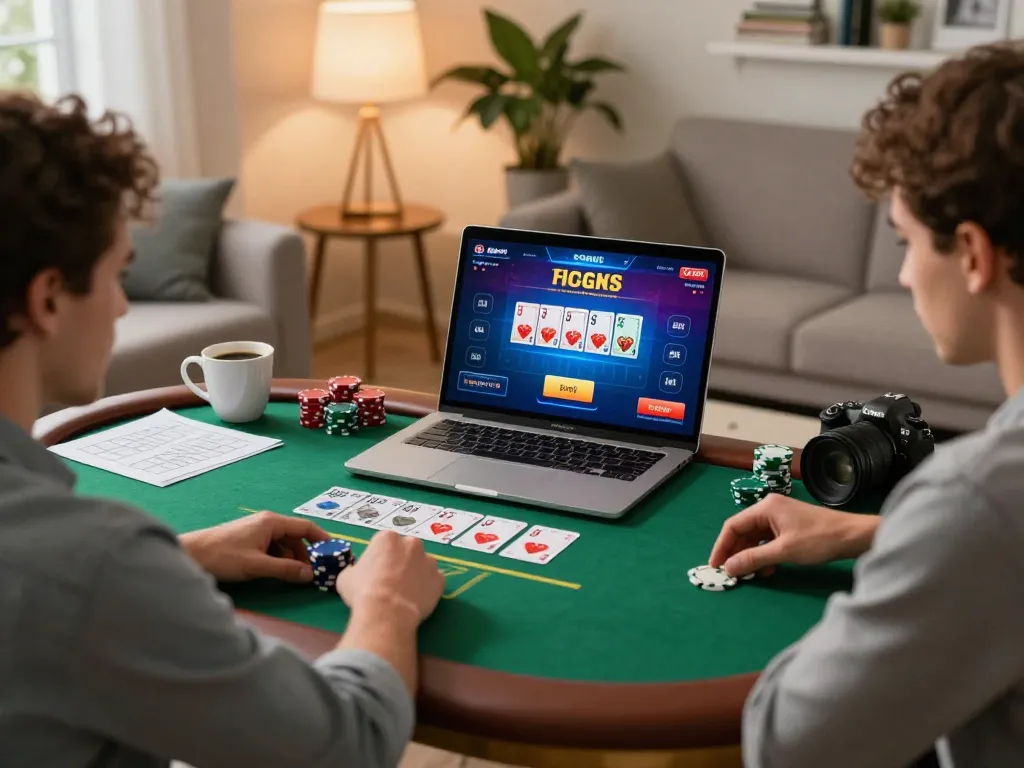 Enjoying an exciting poker game online at home with yo88, showcasing a lively gaming environment and strategy notes.