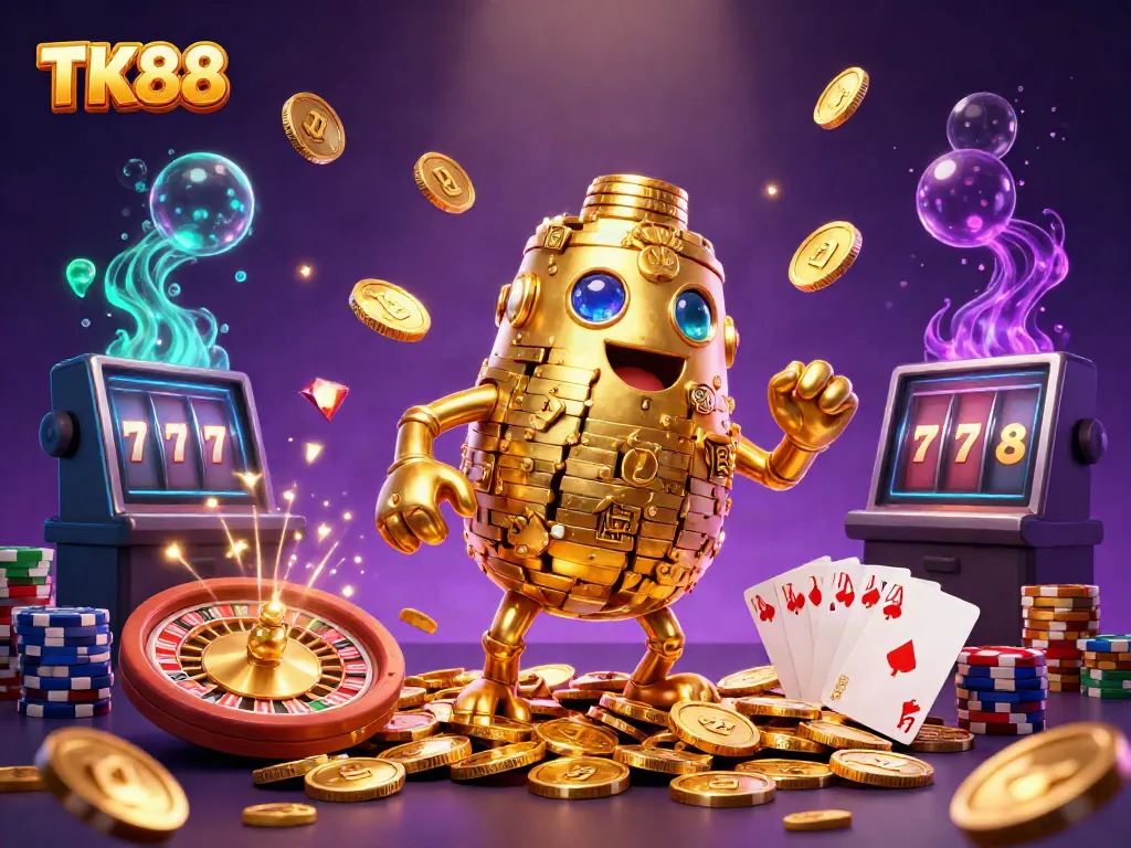 Spin the reels at TK88 with dynamic gambling elements in a vibrant casino scene.