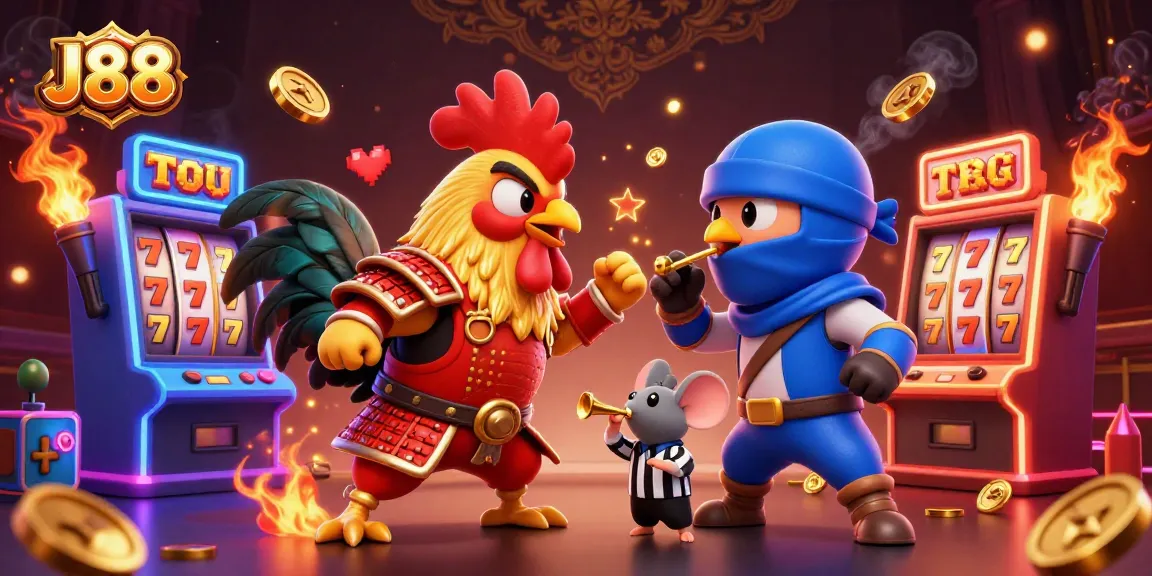 Engage with the thrilling J88 casino experience in a vibrant battle between samurai and ninja roosters.