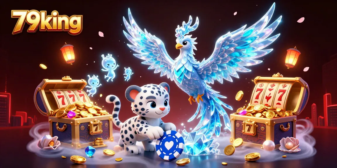 Engage in exciting wins at 79king, featuring vibrant 3D visuals of an ice phoenix and slot game elements.