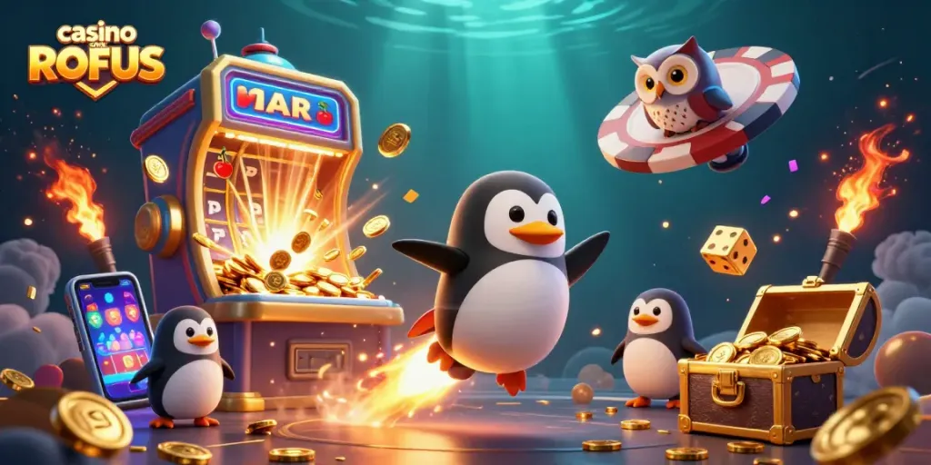 Play slots at casino uden ROFUS with a rocket-powered penguin and golden coins in a vibrant galaxy.